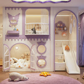 Children's bedroom with a castle-themed bed and slide